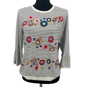 Talbots Embroidered Beaded Floral‎ Stripe Sweater Women’s Bell Sleeve Med Petite
